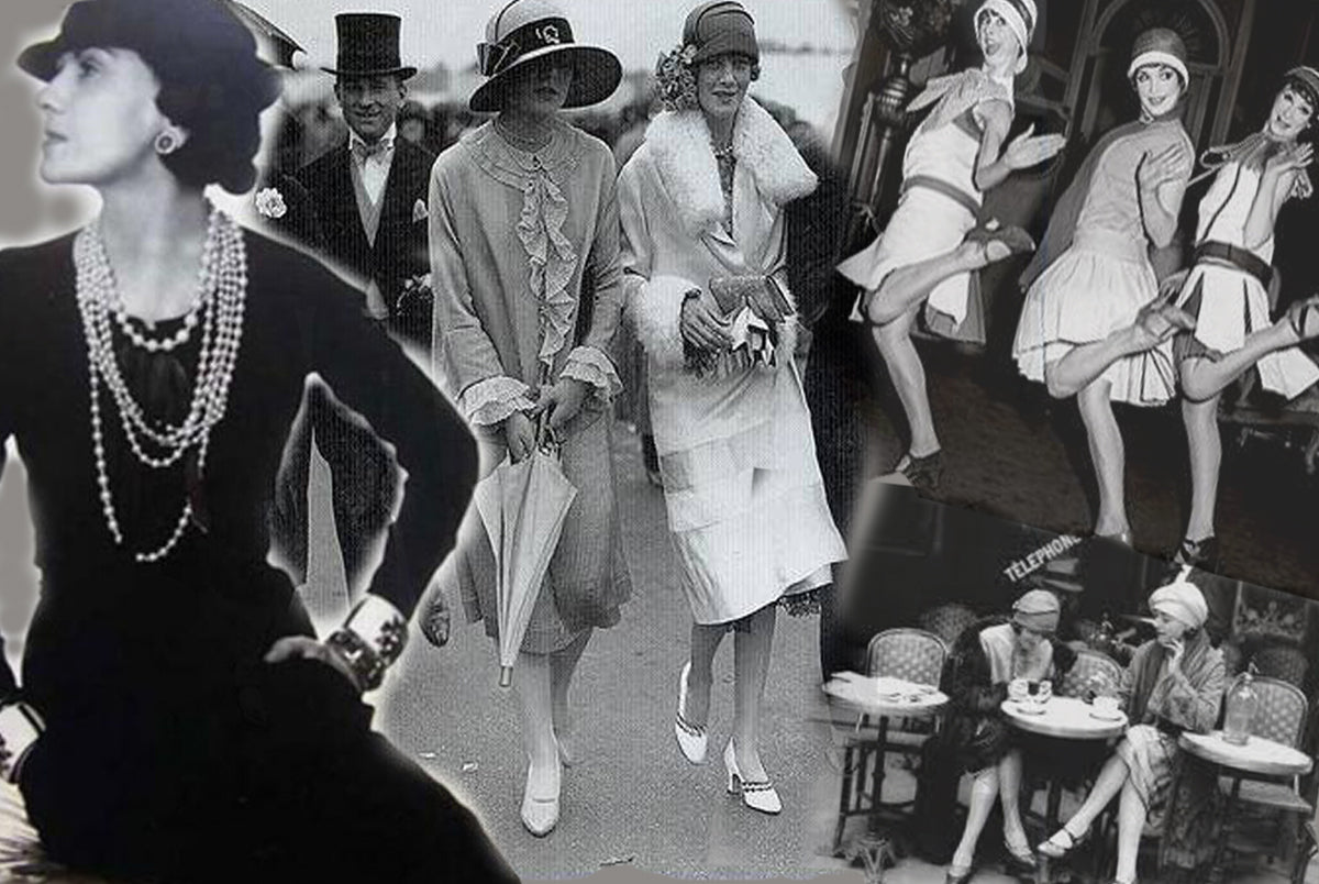 Femmes des années 20 en robes droites avec coiffures bob, symbole de l'émancipation vestimentaire.