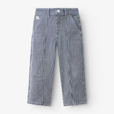 Pantalon enfant en denim rayé bleu et blanc, forme légèrement ballon avec poches italiennes