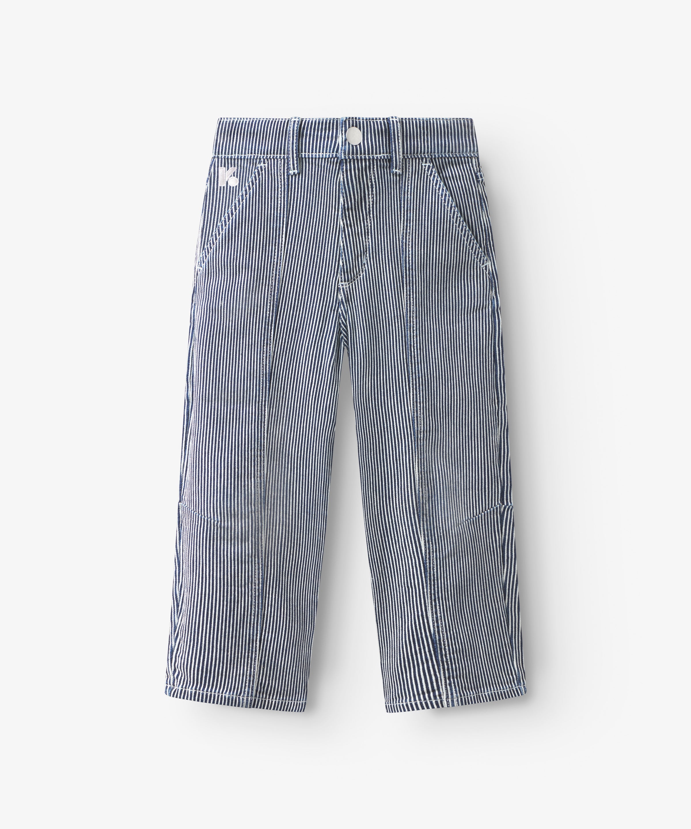 Pantalon enfant en denim rayé bleu et blanc, forme légèrement ballon avec poches italiennes