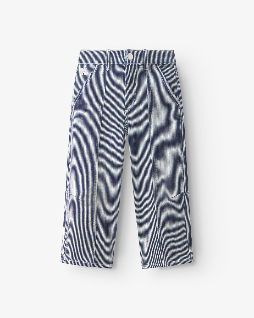 Pantalon enfant en denim rayé bleu et blanc, forme légèrement ballon avec poches italiennes