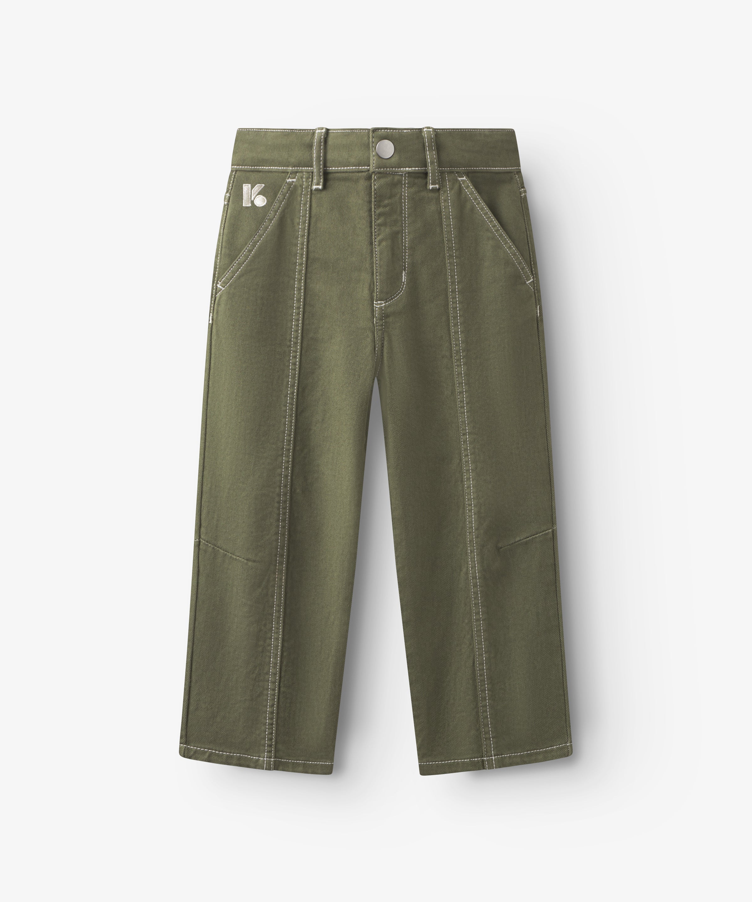 Pantalon enfant en twill kaki, forme légèrement ballon avec poches italiennes