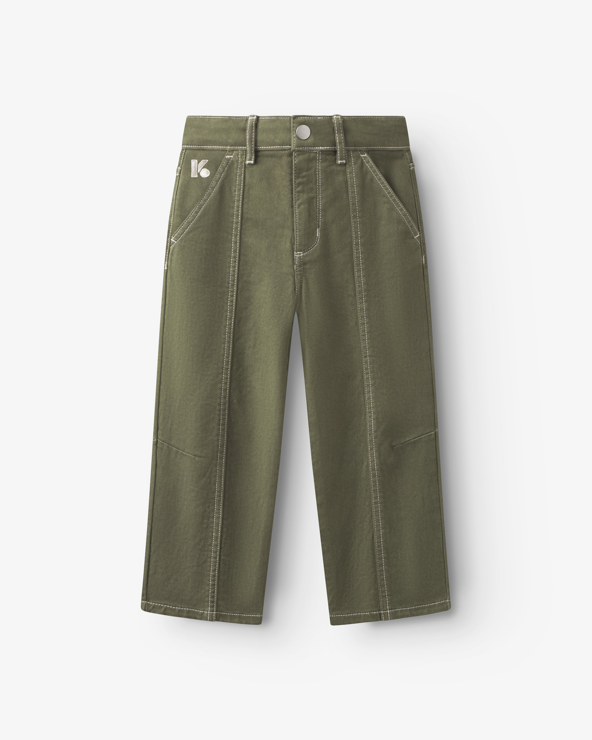 Pantalon enfant en twill kaki, forme légèrement ballon avec poches italiennes