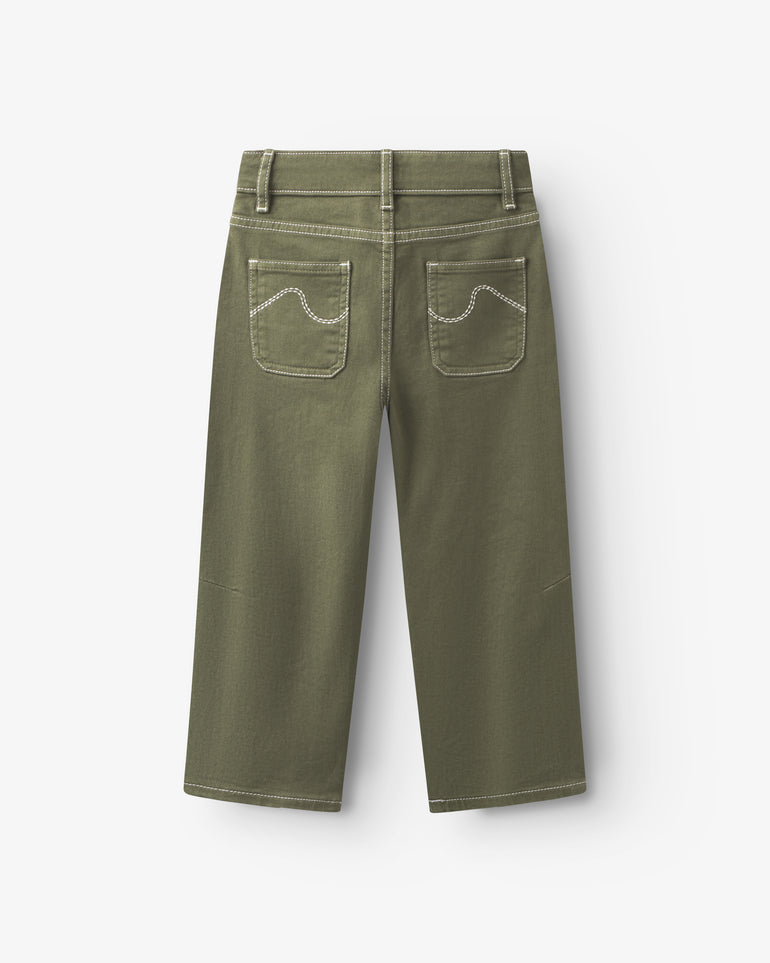 Pantalon enfant en twill kaki, forme légèrement ballon avec poches italiennes