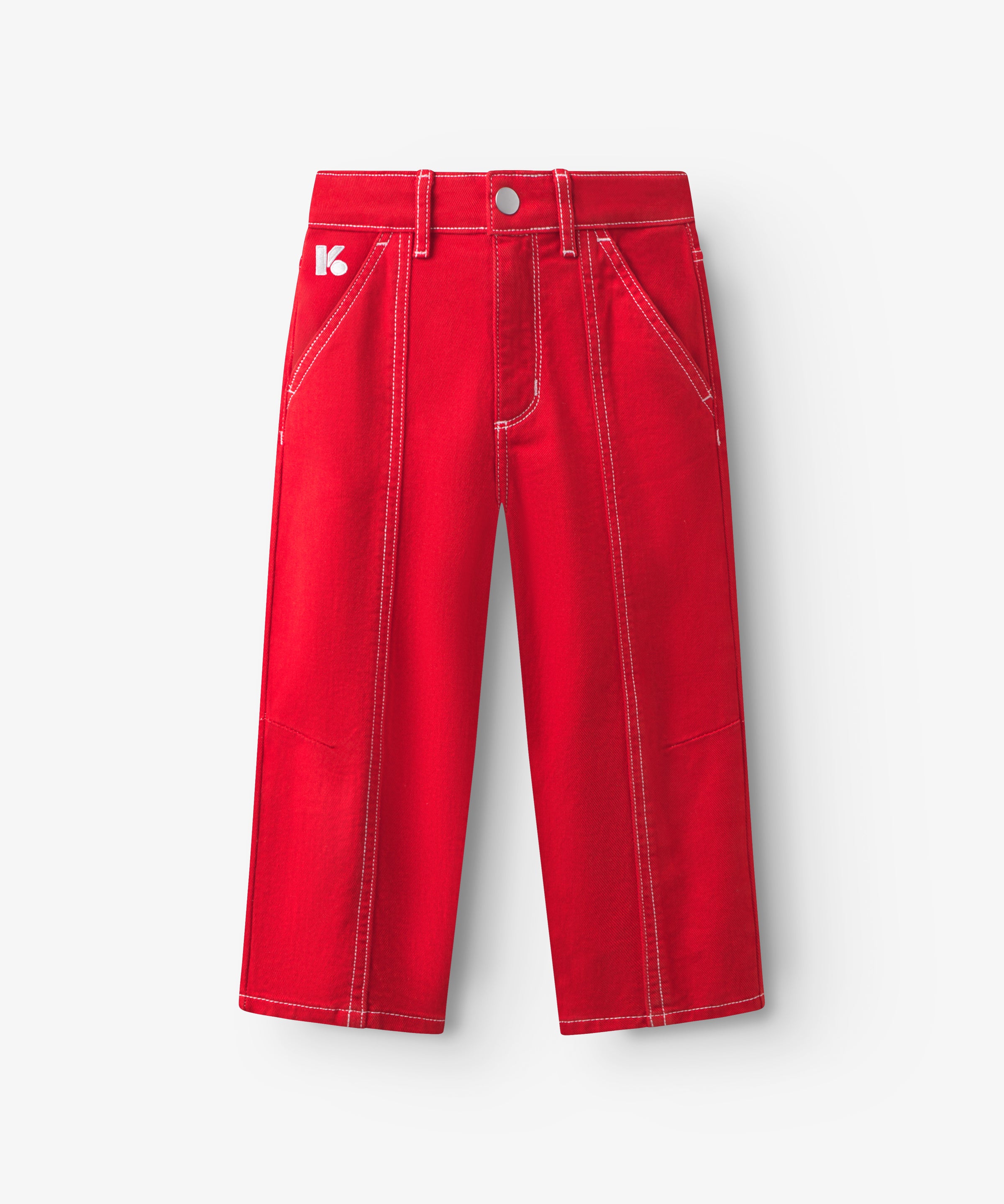 Pantalon enfant en twill rouge, forme légèrement ballon avec poches italiennes