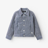 Veste enfant en denim rayé bleu et blanc avec manches ballon et col en pointe