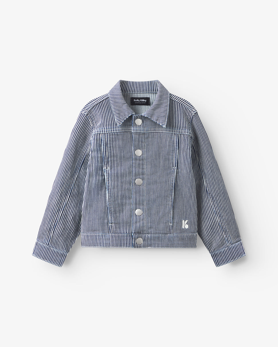 Veste enfant en denim rayé bleu et blanc avec manches ballon et col en pointe