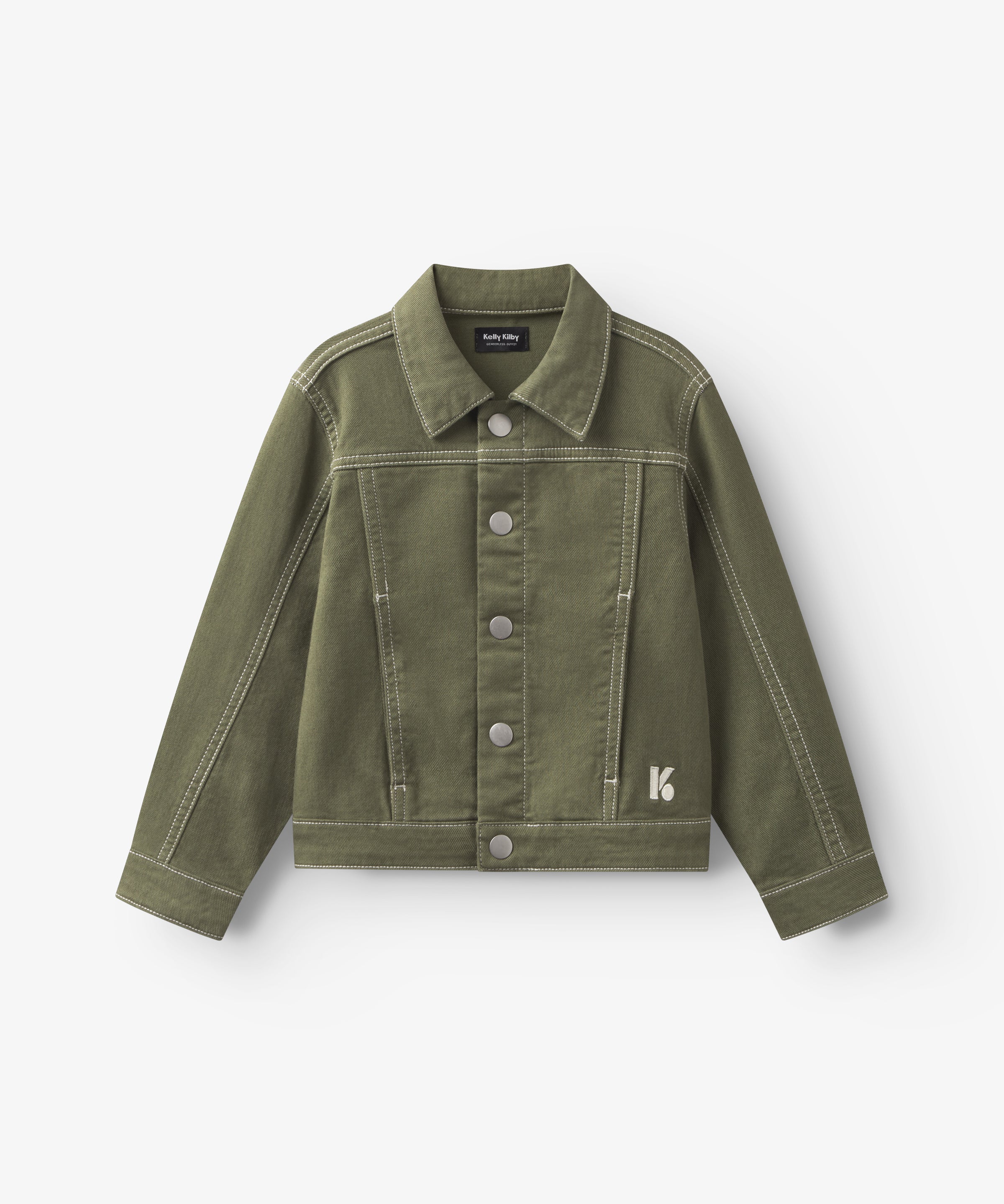 Veste enfant en twill vert kaki avec manches ballon et col en pointe