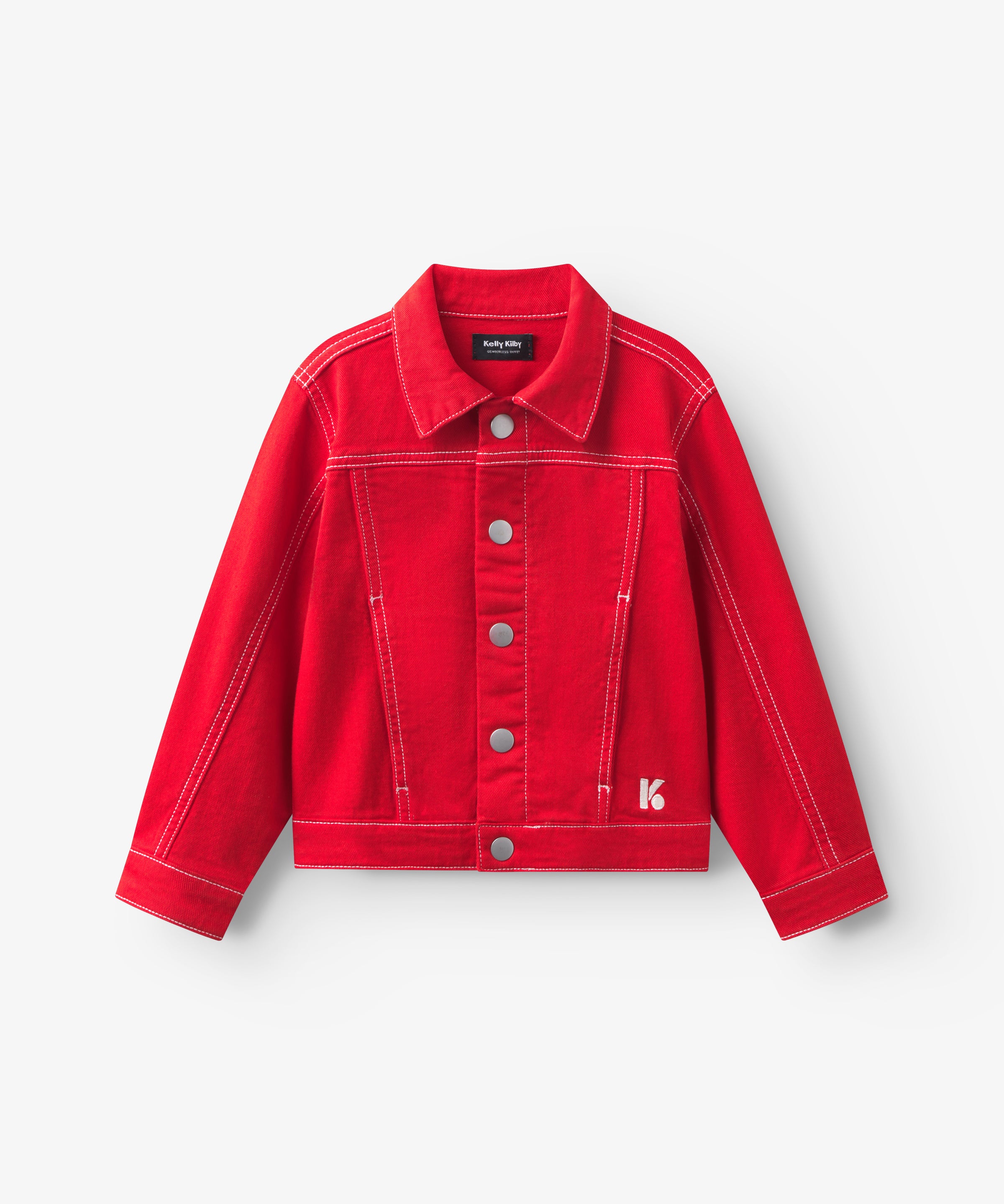 Veste enfant en twill rouge avec manches ballon et col en pointe