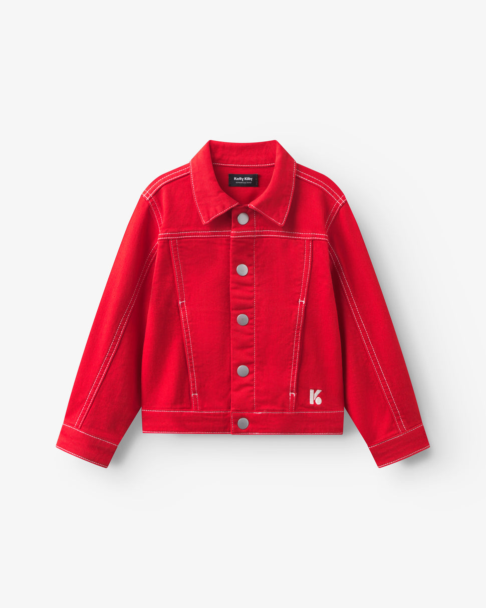 Veste enfant en twill rouge avec manches ballon et col en pointe